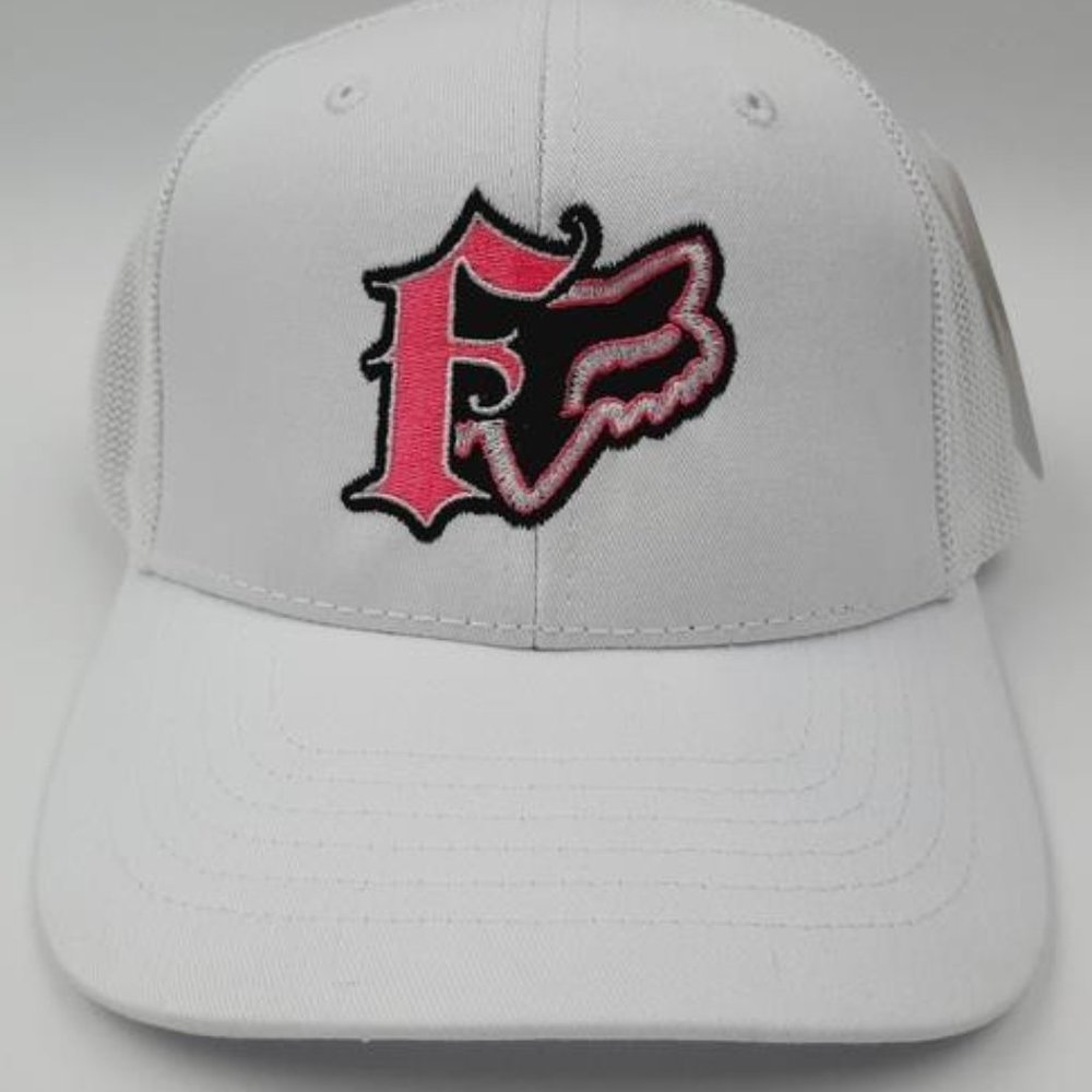 FOX Shox MX Retro Embroidered Hat Cap Mesh Snapback Curved Bill Trucker White